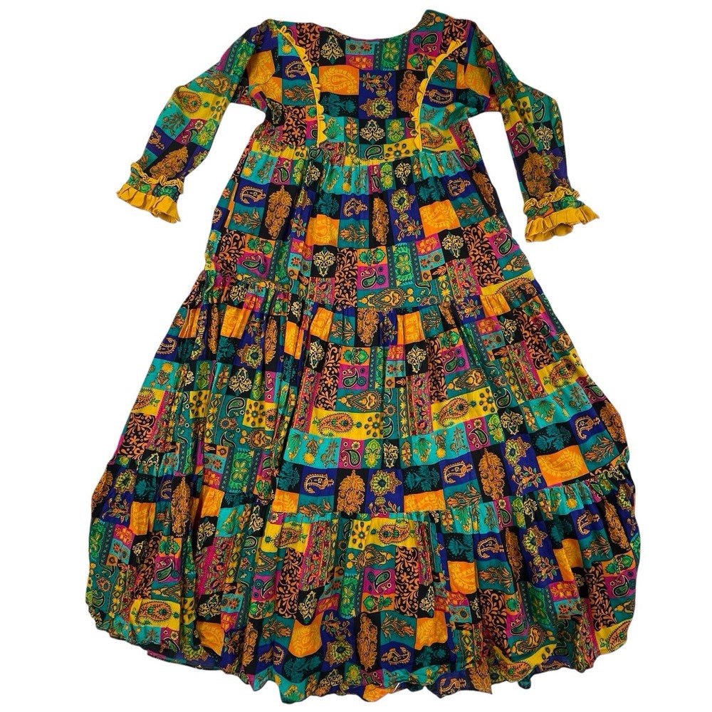 Hippie Boho Patchwork Layered Ruffle Handmade Maxi Festival Dress Size Medium